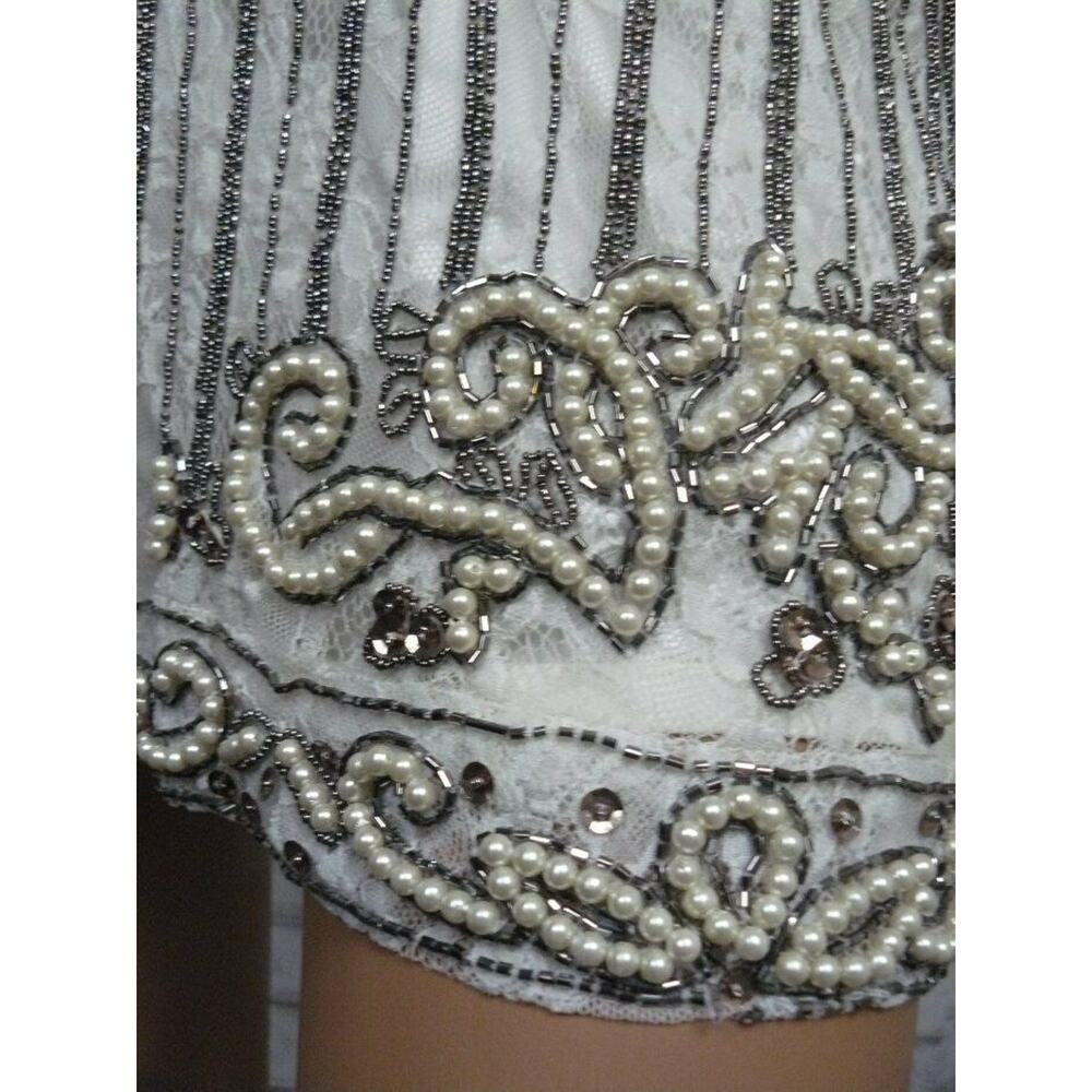 $368 X by NBD Ivory Grey Lace Beaded Pearl Rita Shift Dress XXS NWT - Picture 7 of 9